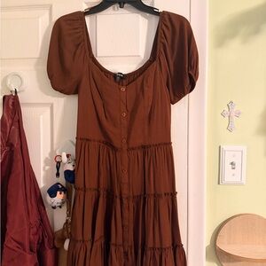 Trixxi Brown Puff Sleeve Midi Dress